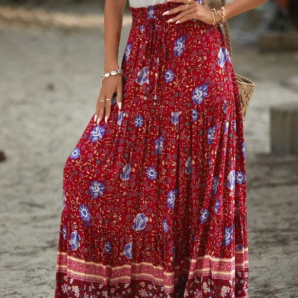 Red boho Womens Floral Print Ruffle Hem Skirt - Picture 5 of 5